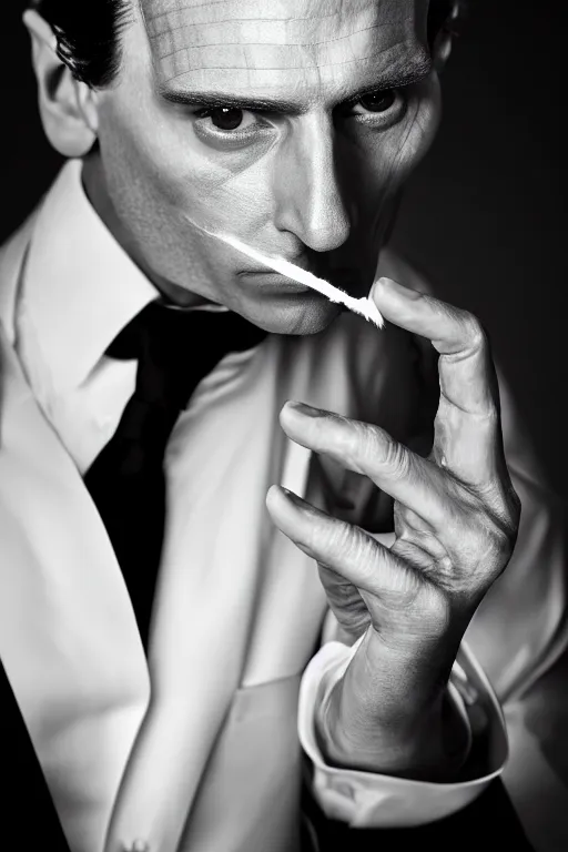 Prompt: patrick bateman smoke opps, high resolution, photorealistic, smooth, details, 4 k, aesthetic lighting, baroque object, sharp focus, hyperdetailed object, professional photography, pullitzer winning, 8 0 0 photo by : canon eos 5 d mark iv, by karah mew and adnan abidi and jodie bateman