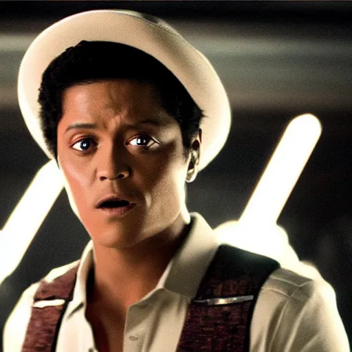 Image similar to movie still of robot bruno mars, cinematic composition, cinematic light, criterion collection, by edgar wright