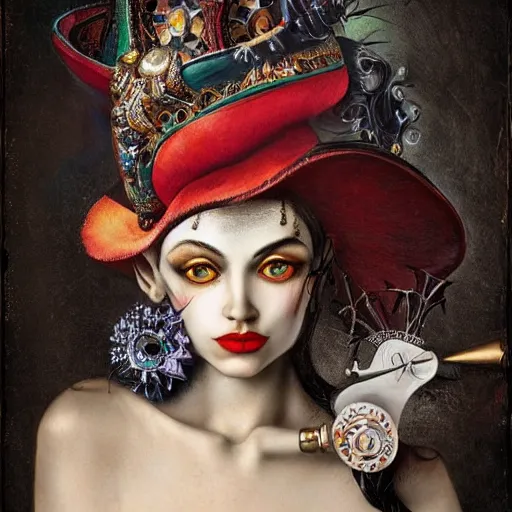 Image similar to Detailed maximalist stunning portrait of gorgeous dark elf with beautiful piercing eyes dressed in a jester’s hat with a monocle, HD mixed media, 3D collage, highly detailed and intricate, masterpiece, award-winning, surreal illustration in the style of Caravaggio, dark art, baroque