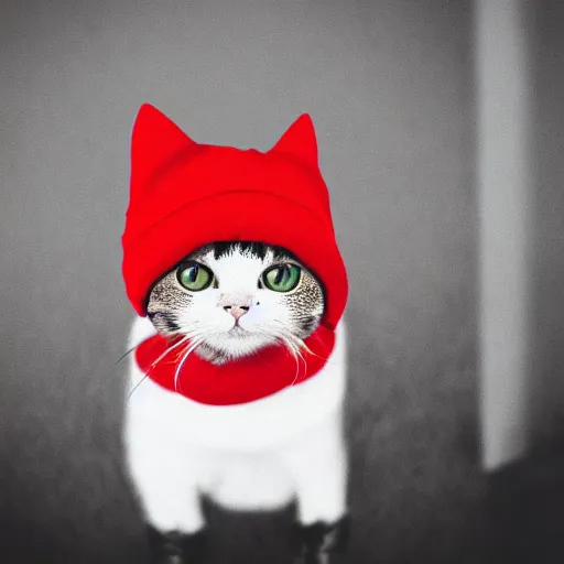 Image similar to a cat wearing a red beanie and a red hoodie