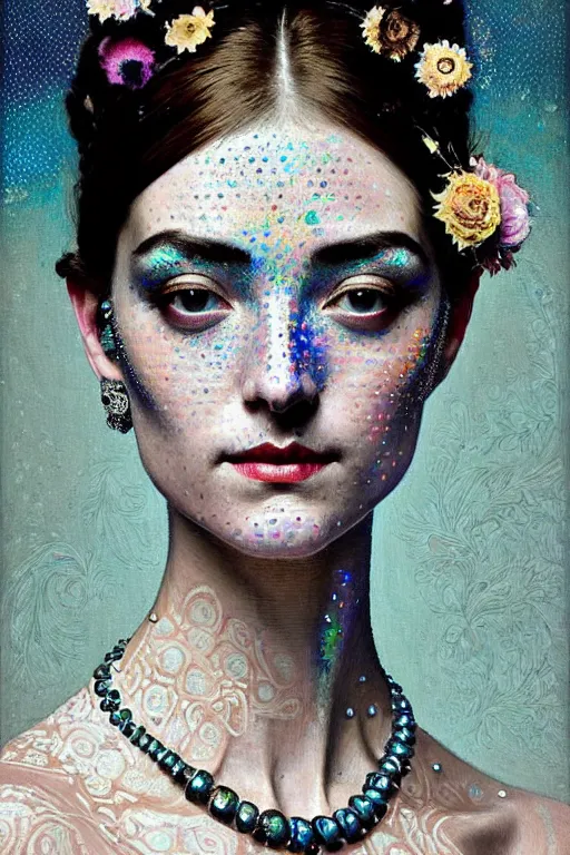 Image similar to allover painting face portrait of elegantly beautiful, sophisticated victoria exhalted queen of advanced mathematics, iridescent corvus, intricate automatism, baroque, batik, ben - day dots by, norman rockwell, range murata jeremy lipking, trending on pinterest, stunning 8 k, sharp depth of field, pristine global illumination, circuit bent synthesis.