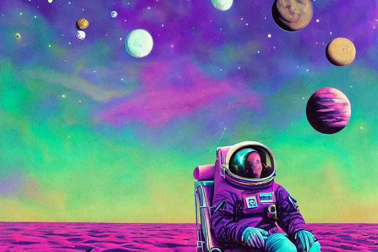 Prompt: surreal painting by chesley bonestelll!!, an astronaut sitting in the sand + a river + psychedelic vegetation + purple, pink, blue + planets and stars + mystic fog, 5 0's vintage sci - fi style, rule of third!!!!, line art, 8 k, super detailed, high quality