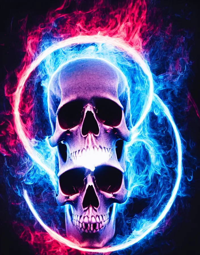 Prompt: photography of a skull with a blue flaming eye in the left orbit