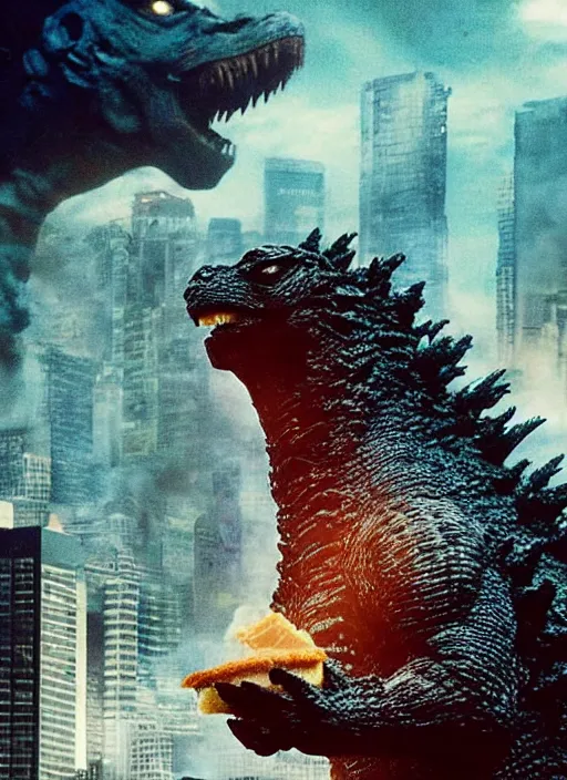 Prompt: godzilla eating a sandwich made of buildings, realistic, still shot from the new godzilla movie