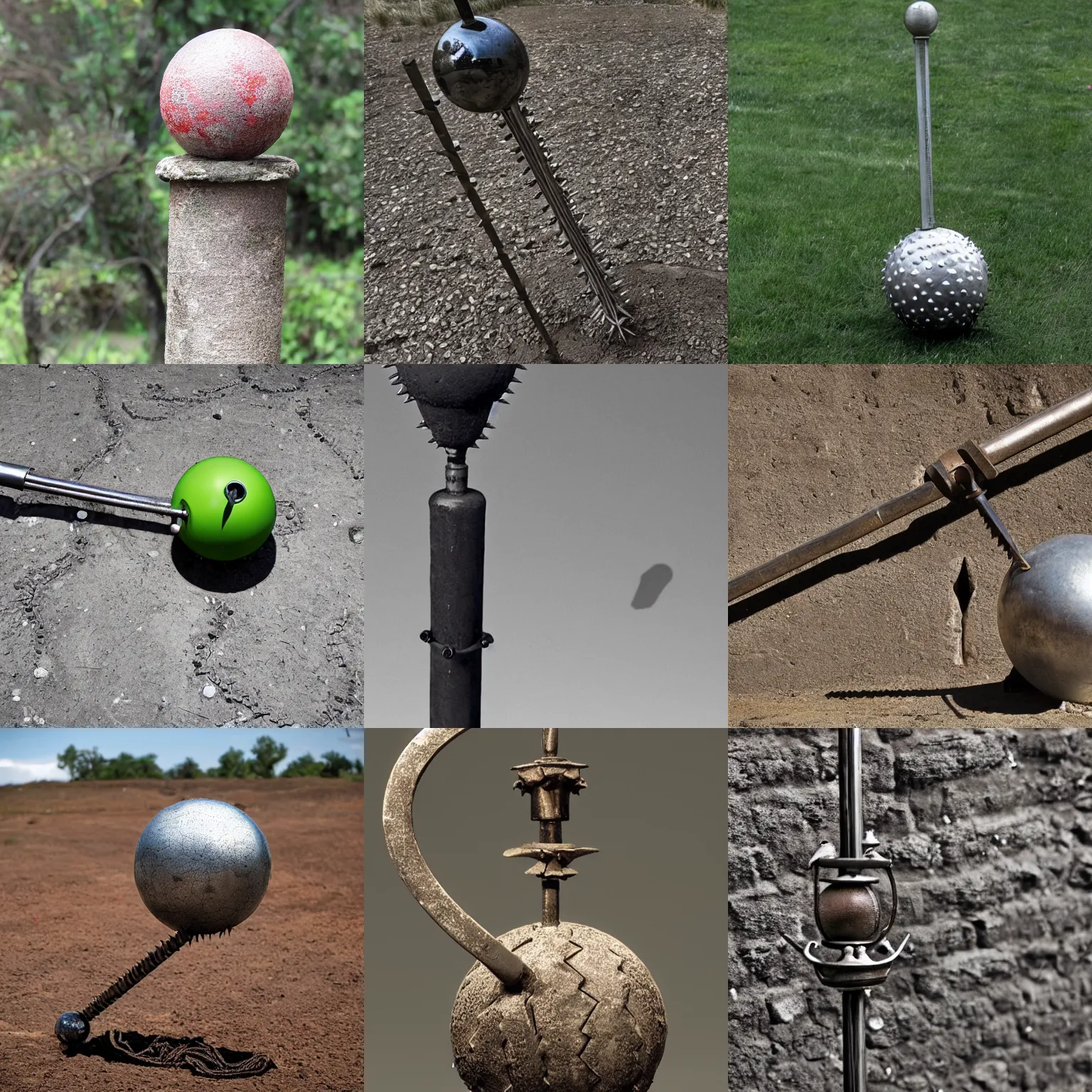 Prompt: A shaft with an attached iron ball adorned with spikes