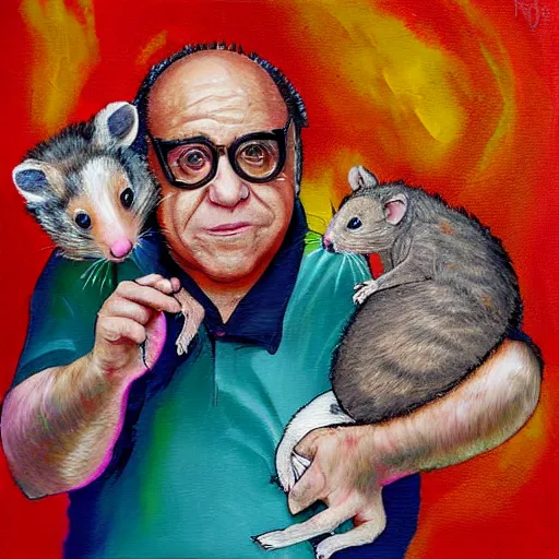 Image similar to danny devito in the form of a possum scaring away cats abstract painting