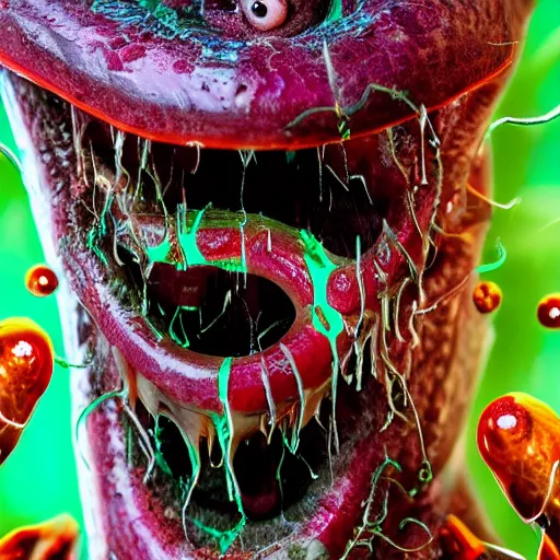 Prompt: slimy monster with long slimy textured tongue, dripping saliva, macro photo, fangs, red glowing veins, skin with snake scales, cinematic, tiny glowbugs flying everywhere, standing a swamp, flying wasps, insanely detailed, dramatic lighting