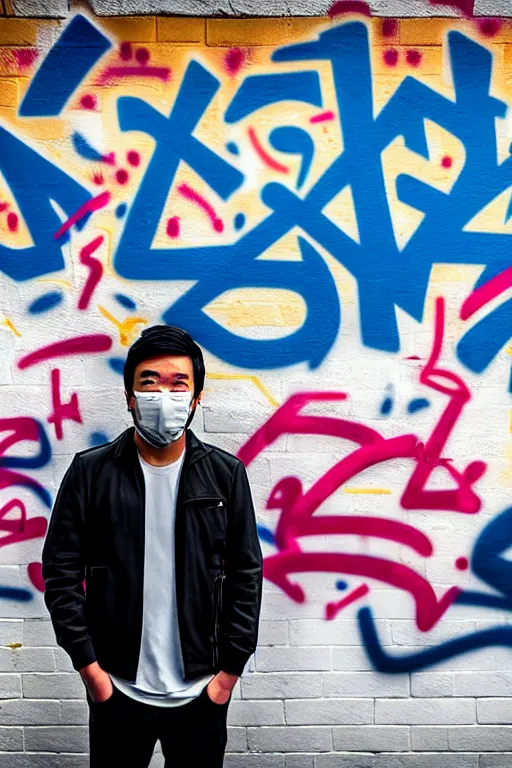 Prompt: asian guy with mask stand in front of wall with full of graffiti tag and mural, photorealistic, smooth, 4 k, aesthetic lighting, baroque object, hyperdetailed, professional photography, pullitzer winning, photo by : canon eos 5 d mark iv, by karah mew and adnan abidi and jodie bateman