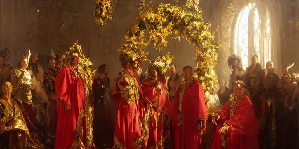 Image similar to beautiful oil painting, steve buscemi in royal crimson robes enthroned as the god emperor of ancient rome a golden wreath upon his head, by anders zorn, wonderful masterpiece by greg rutkowski, beautiful cinematic light, american romanticism, by thomas lawrence, greg rutkowski