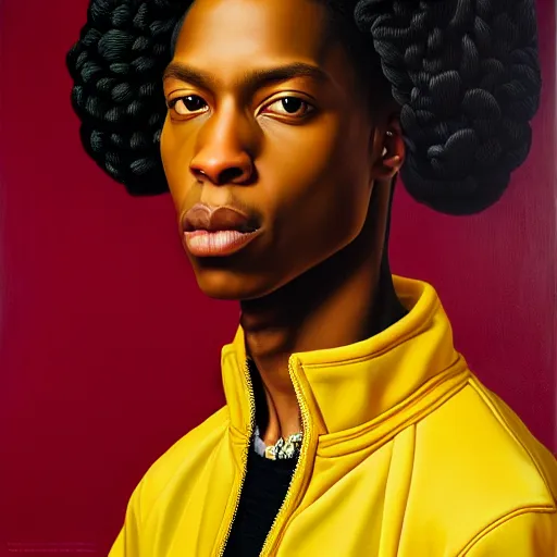 Prompt: A portrait of a scrawny stylish and beautiful non-binary person, oil painting by Kehinde Wiley, majestic, detailed, high resolution