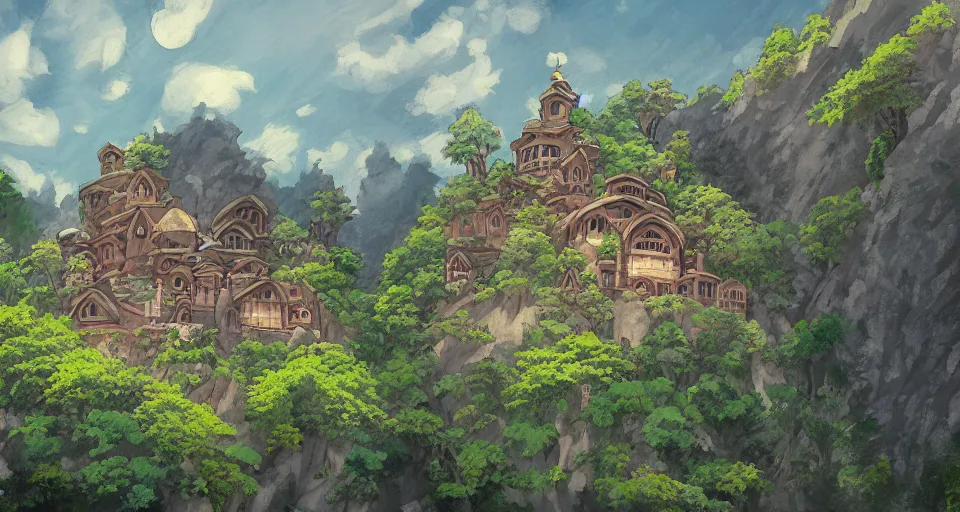 Image similar to view of a monastery on a forested mountain, in the style of studio ghibli, distant, detailed, artstation, award winning painting,