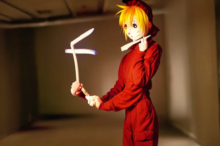 Prompt: anime clowngirl in porcelain hallway holding knife, in 2 0 5 5, y 2 k cutecore clowncore, low - light photography, bathed in the glow of a crt monitor, still from a ridley scott movie