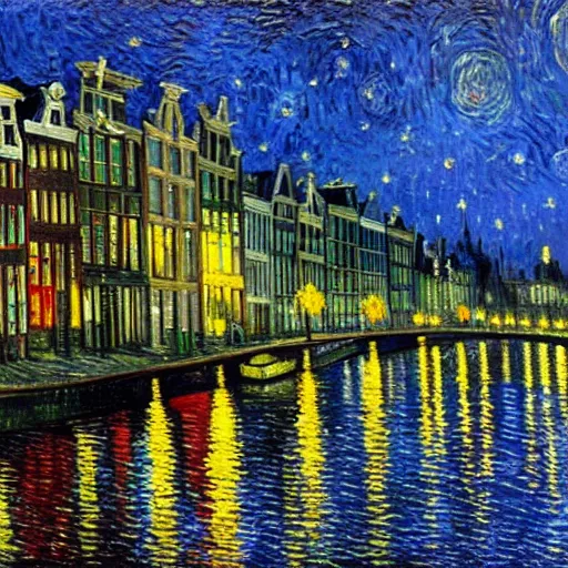 Image similar to amsterdam by night, oil on canvas by Van gogh