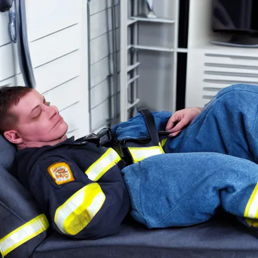 Image similar to short firefighter, asleep on a blue reclining chair, dark hair