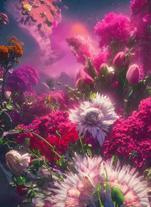 Image similar to An epic fantastic realism comic book style painting of the most beautiful flowers launched into space, bouquets, fisheye lens, unreal 5, DAZ, hyperrealistic, octane render, dynamic lighting