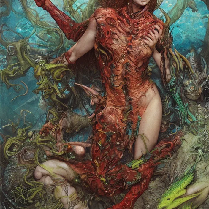 Prompt: a portrait photograph of sadie sink as a brightly colored elf reptile hybrid with wet mutated skin. wearing a catsuit many body modifications. by tom bagshaw, donato giancola, hans holbein, walton ford, gaston bussiere, brian froud, peter mohrbacher and magali villeneuve. 8 k, cgsociety