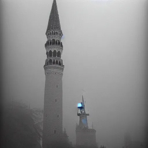 Image similar to Kremlin tower flying as rocket, foggy weather, film still, heavy grain