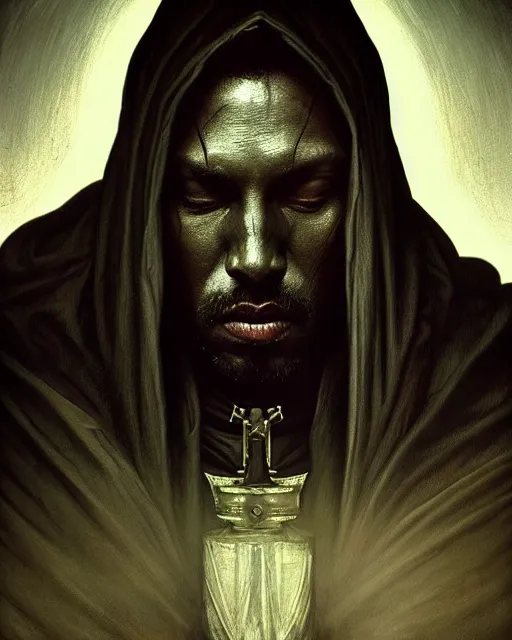 Image similar to realistic wide angle portrait of a handsome bishop, dark, dark magic, heroic pose, beautiful face, full body, dramatic lighting, dark and horror, dust and blood, intricate, wild, highly detailed, digital painting, artstation, concept art, smooth, sharp focus, illustration, art by artgerm and greg rutkowski and alphonse mucha, footage from space camera