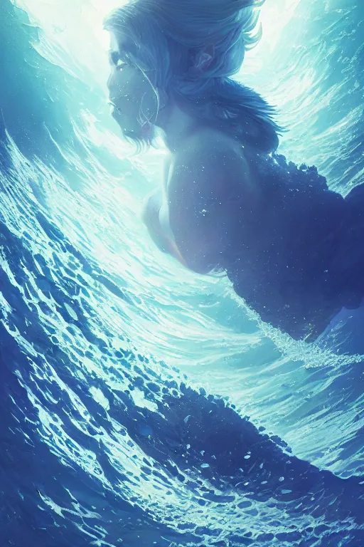 Image similar to A fancy portrait of a crystalized ocean by Greg Rutkowski, beeple, Sung Choi, Mitchell Mohrhauser, Maciej Kuciara, Johnson Ting, Maxim Verehin, Peter Konig, final fantasy, macro lens, 35mm, 8k photorealistic, cinematic lighting, HD, high details, dramatic, dark atmosphere, trending on artstation