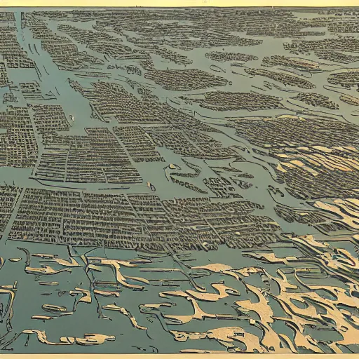 Image similar to flooded american city large detailed illustration by moebius