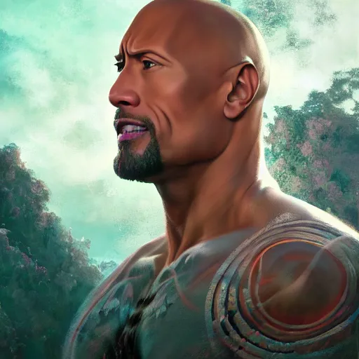 Image similar to dwayne johnson as a beautiful young girl in seductive clothing by ross tran, walking in a castle painted by sana takeda, rtx reflections, very high intricate details, painting, digital anime art, medium shot, mid - shot, composition by ilya kuvshinov, lighting by greg rutkowski