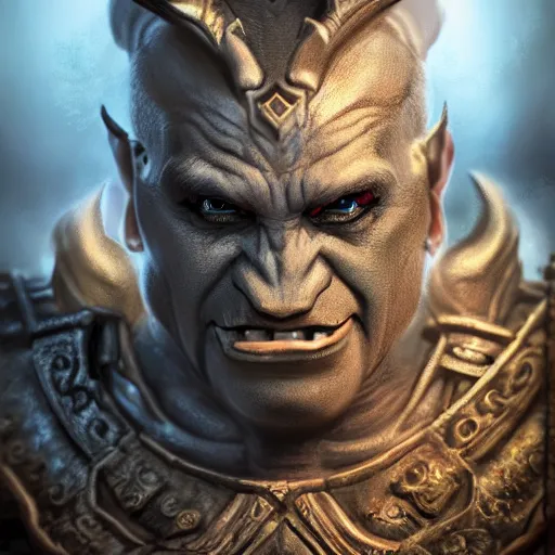 Image similar to realistic full body portrait of half orc cleric, dungeons and dragons, male, wearing eye shadow, ornate armor, shallow depth of field, highly detailed, dslr, volumetric lighting, dynamic pose, hyperrealism, highly textured