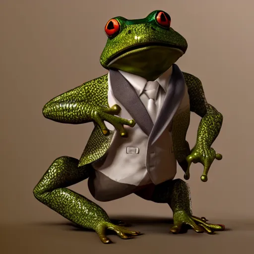 Prompt: an anthropomorphic frog wearing a suit, extremely detailed, detailed face, cinematic lighting, trending on artstation