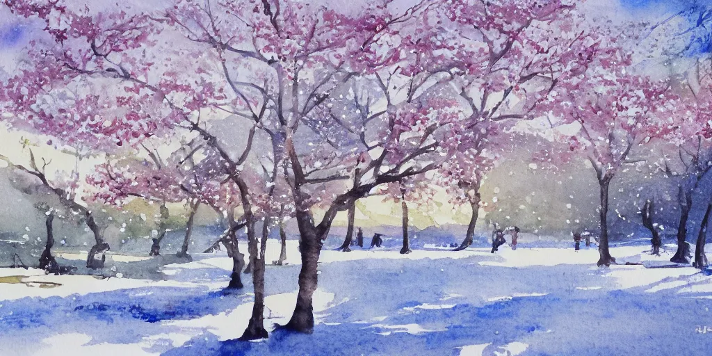 Prompt: 桜 in a winter landscape, watercolour painting