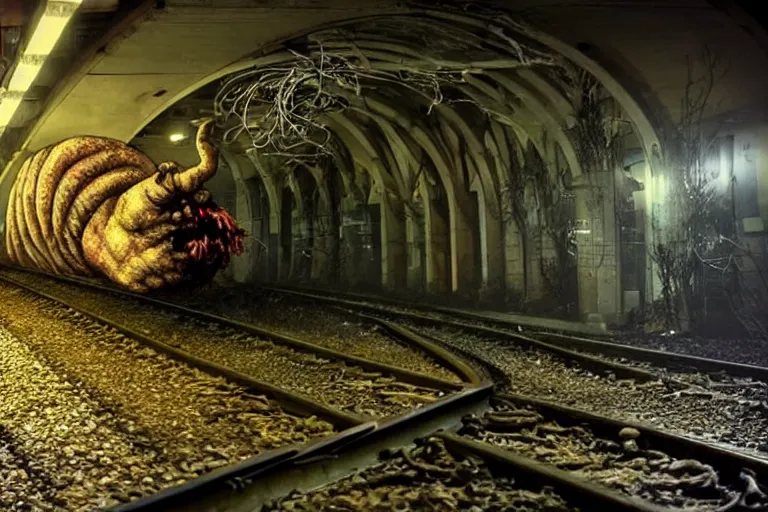 Image similar to very large giant mutant zombie irradiated an ifected with cancer and worms angry rat staying on railways in tonnel of moscow subway. extreme high detail, very realistic. low dark light, scary mood.