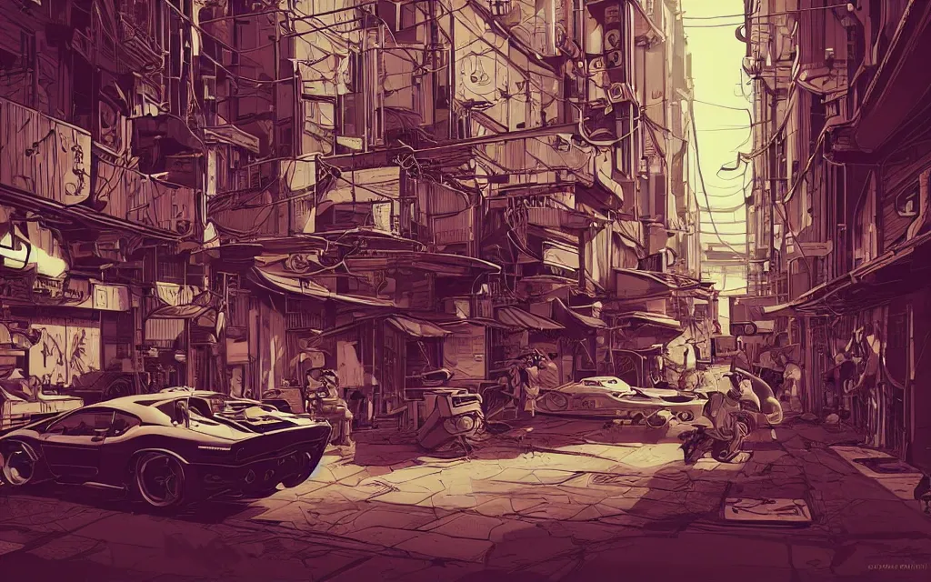 Prompt: very detailed, prophet graphic novel, ilya kuvshinov, mcbess, rutkowski, simon roy, illustration of a cyberpunk industrial alley with a muscle car, colorful, cinematic composition, studio lighting