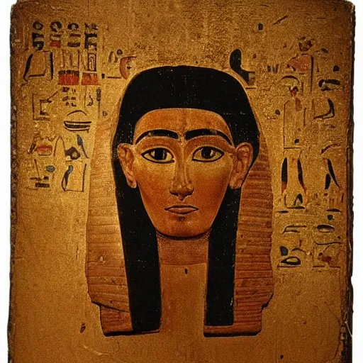 Prompt: fayum of a man using a computer, mummy portrait, from egypt, from luxor, on wood