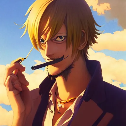 Image similar to highly detailed vfx portrait of sanji smoking a cigarette by eiichiro oda!, greg rutkowski, loish, rhads, beeple, makoto shinkai, tom bagshaw, alphonse mucha, sharp focus, art by artgerm and greg rutkowski, stanley kubrick, backlit, harsh overhead sunlight,