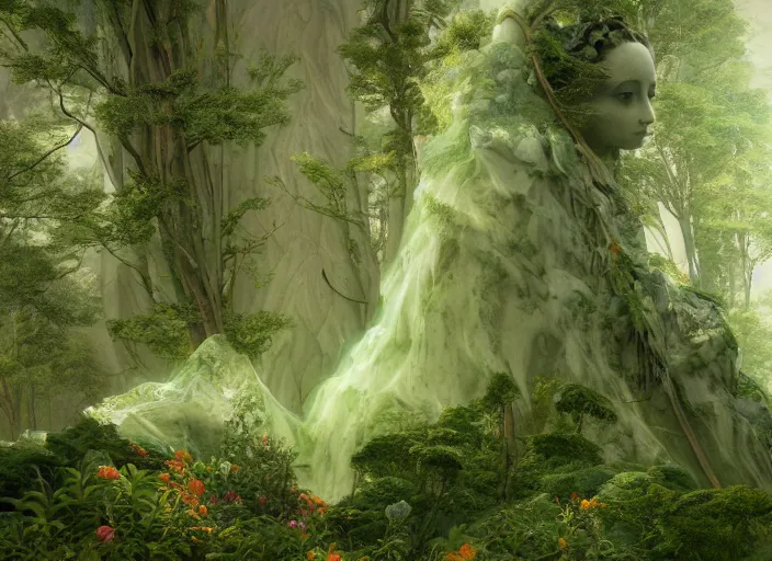 Image similar to an idealistic marble statue with fractal flowery hair and fair porcelain face and green eyes, in a magical forest, painted by, mc escher, gordon onslow ford, georgia o'keeffe and ivan aivazovsky, cinematic light, god rays, colourful, unreal engine, zbrush central,