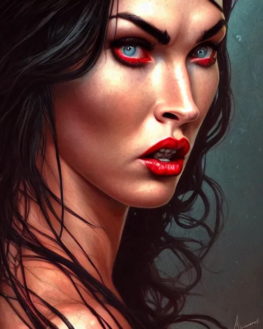 Prompt: portrait of red skinned megan fox as purgatori, vampire, horns, red skin, chaos comics, purgatori, coffin comics, hell, intricate, headshot, highly detailed, digital painting, artstation, concept art, sharp focus, cinematic lighting, illustration, art by artgerm and greg rutkowski, alphonse mucha, cgsociety