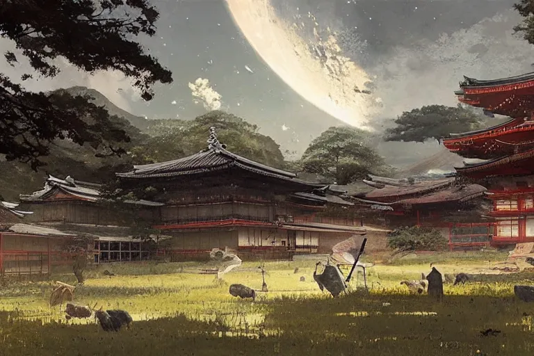 Prompt: japanese traditional farm in the future with spaceships in the sky, by greg rutkowski