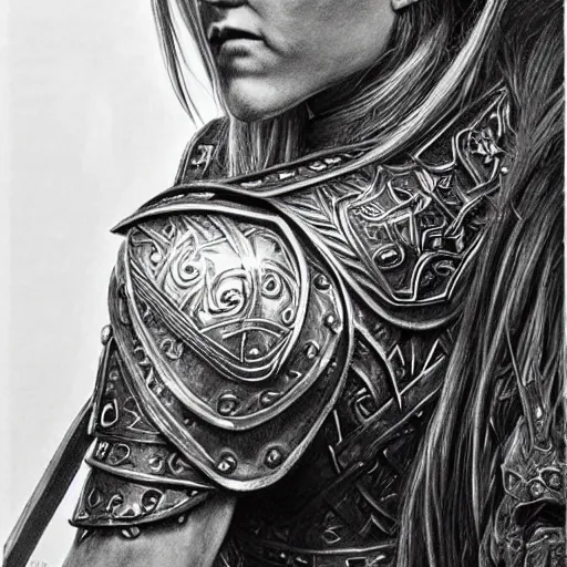 Image similar to hyper realistic pencil drawing of a viking princess, intricate detail, beautiful, battle armor, war, fight, light, dragon, colorful