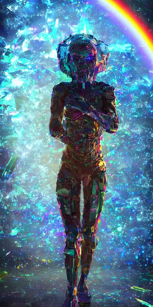 Prompt: a photo of 8k ultra realistic corrupted rainbow humanoid queen standing next to a spaceship window overlooking earth, translucent swarm of shards, cinematic lighting, trending on artstation, 4k, hyperrealistic, focused, extreme details, unreal engine 5, cinematic, masterpiece