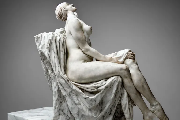 Image similar to a sculpture of a renaissance girl sitting on a top of the chair, a white marble sculpture covered with floating water by nicola samori, behance, neo - expressionism, marble sculpture, apocalypse art, made of mist, medium shot