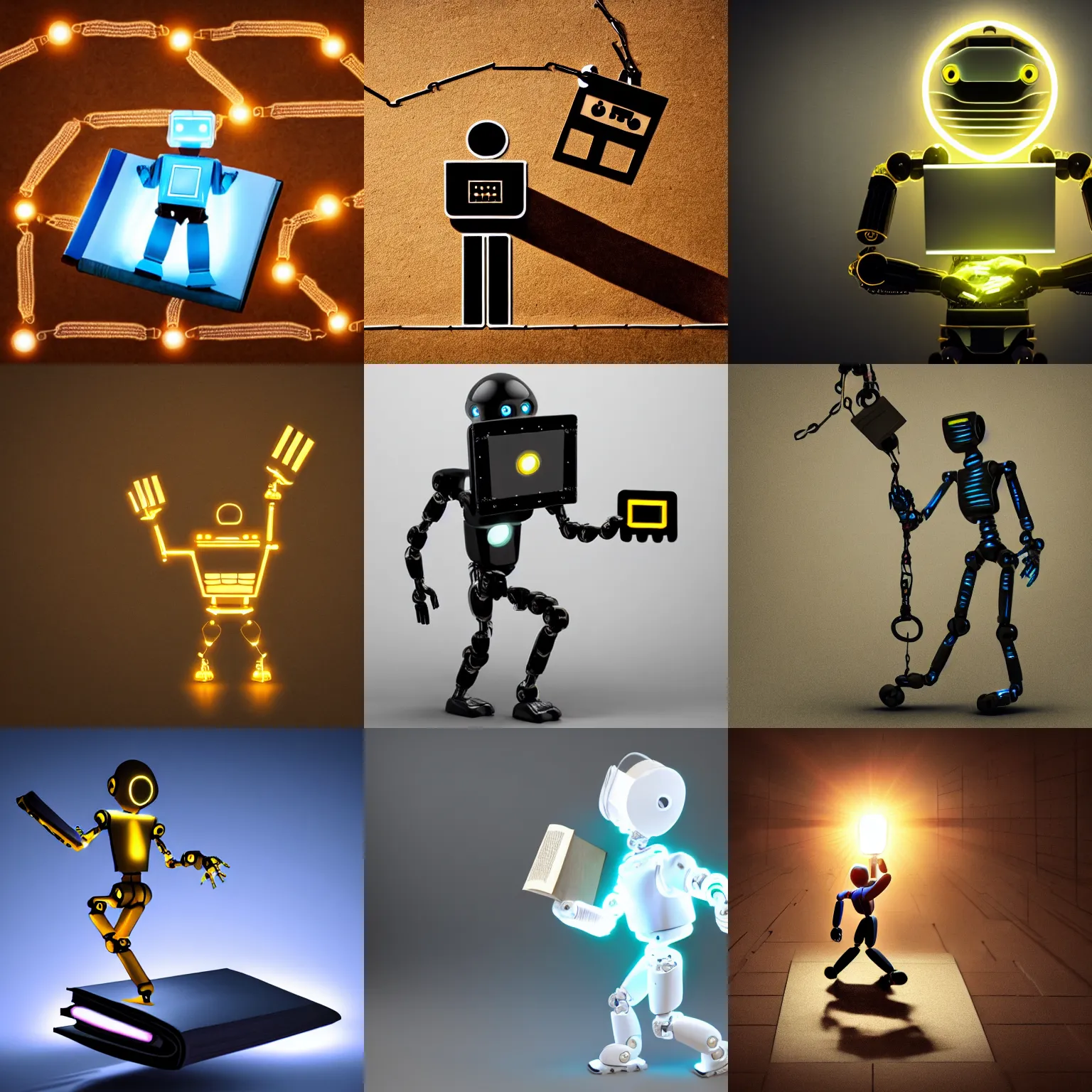 Image similar to running glowing robotic humanoid holding glowing book, dragging broken chains