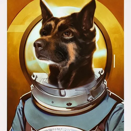 Image similar to realistic heroic portrait of Laika the russian space dog, first dog in orbit 1957, wearing her space helmet, in a circle frame, art by Artgerm and Greg Rutkowski and Alphonse Mucha