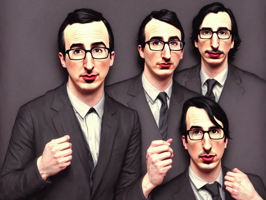 Image similar to photo booth, painting of both john oliver and adam driver together, john oliver in front, full body, elegant, beautiful, highly detailed, centered, dark, smokey, digital painting, concept art, smooth, sharp focus, illustration, deviant art, art by artgerm, art by greg rutkowski, art by alphonse mucha