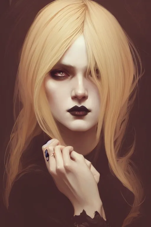 Image similar to a beautiful blond goth woman, fantasy, portrait, sharp focus, intricate, elegant, digital painting, artstation, matte, highly detailed, concept art, illustration, ambient lighting, art by ilya kuvshinov, artgerm, Alphonse mucha, and Greg Rutkowski