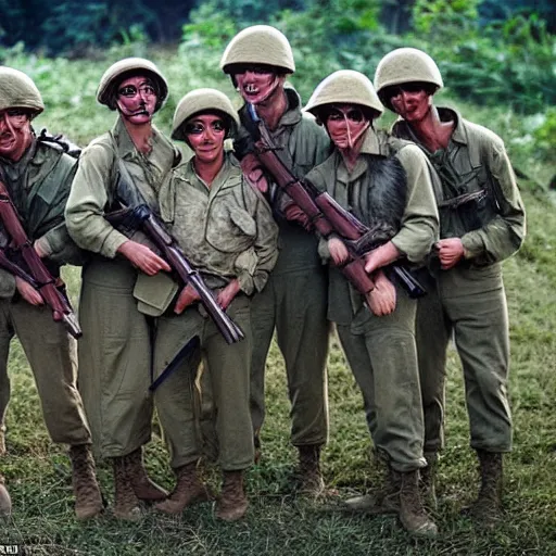 Prompt: a Vietnam War style photo of a dozen hamsters, dressed as US soldiers, holding their guns and posing seriously for photographer Eddie@Adams