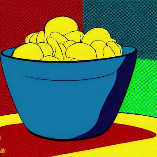 Prompt: Delicious bowl of potato chips, pop art, digital art