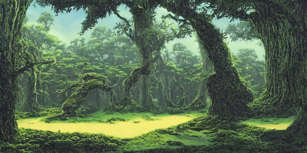 Image similar to Artwork by Tim White of the cinematic view of The Wood of Mirage, a Forest, with a mucid manor.