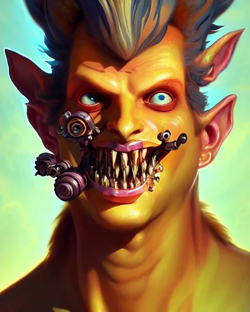 Prompt: junkrat from overwatch, slight smile, fantasy, fantasy art, fantasy, colorful, elegant, character portrait, portrait, close up, highly detailed, intricate detail, amazing detail, sharp focus, vintage fantasy art, vintage sci - fi art, radiant light, caustics, by boris vallejo