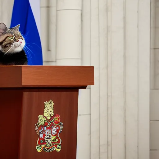 Image similar to pm cat sitting over a podium addressing the country, ani, sony a 7 r