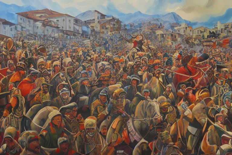 Image similar to painting of the balkan tatars invading a city in arctic bulgaria, oil on canvas