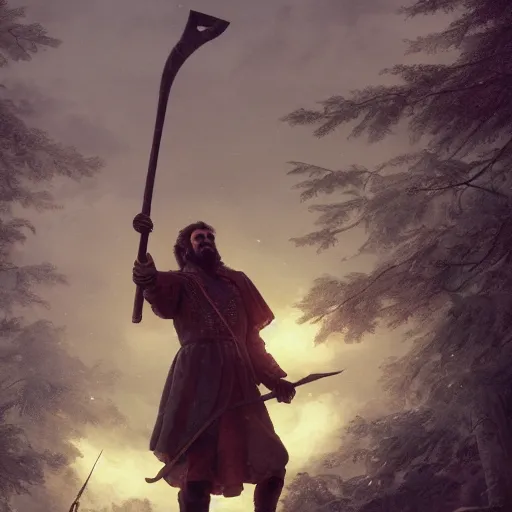 Image similar to Peter the Great with giant axe, sharp focus, fantasy style, octane render, volumetric lighting, 8k high definition, by greg rutkowski, highly detailed, trending on art Station