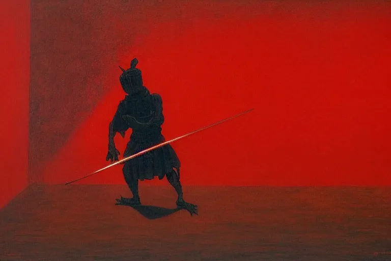 Image similar to only with red, a red samurai do seppuku, tokio, a lot of frogs watch, in the style of beksinski, parts by edward hopper, parts by rodcenko, parts by yue minjun, intricate and epic composition, red by caravaggio, insanely quality, highly detailed, masterpiece, red light, artstation, 4 k